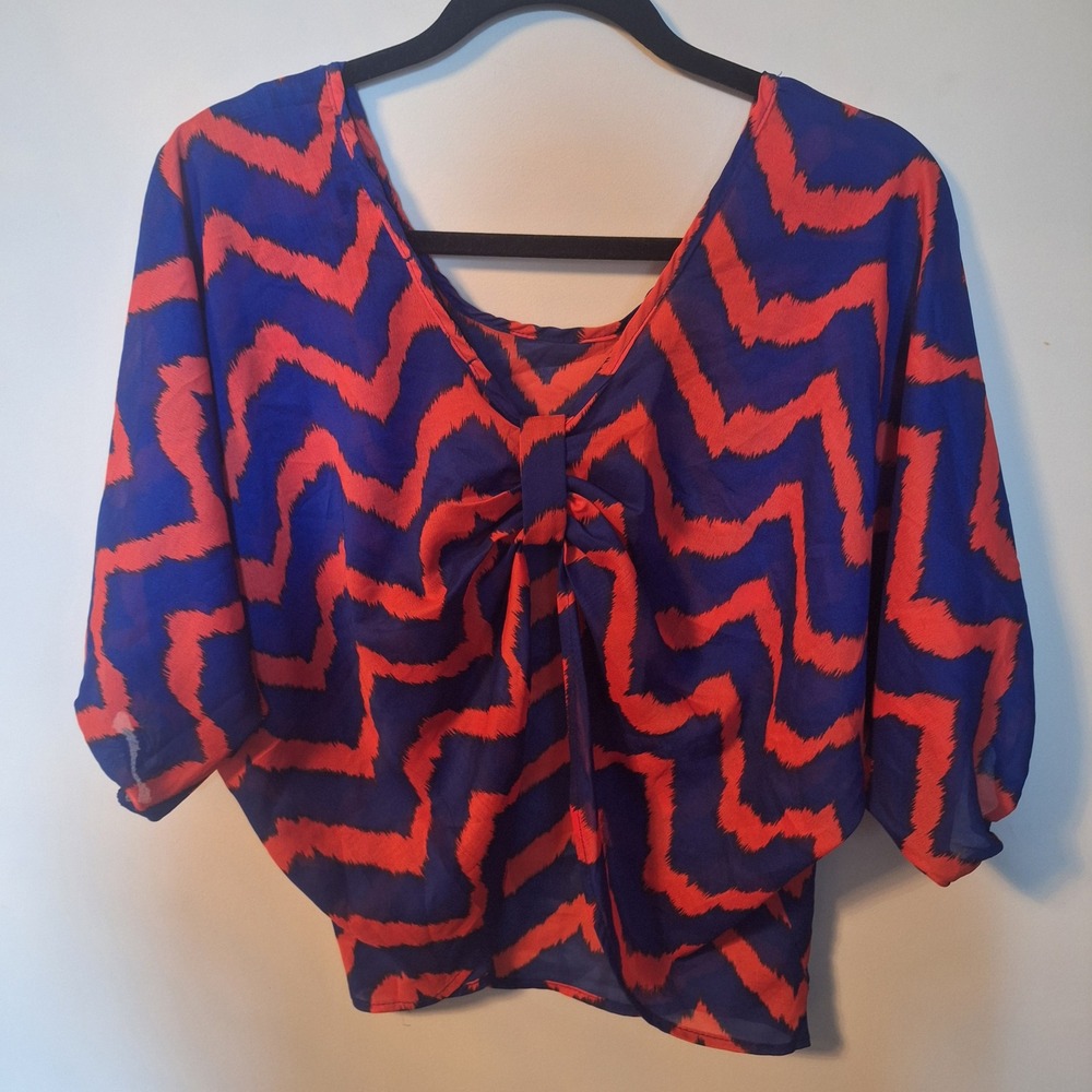 Blue and Orange Chevron Print Dolman Sleeve Knotted Hem Sheer Blouse Top